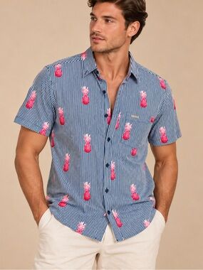 Vintage Summer Pineapple Striped Short Sleeve Shirt Size M